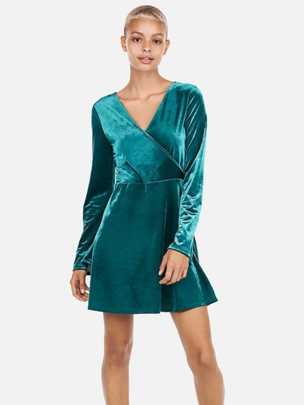 Express Teal Velvet Long-Sleeve Wrap Dress Size Small - Picture 1 of 9